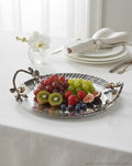 12 Inch Stainless Steel Serving Tray, Luxury Pomegranate Tray with Handles, High End Botanical Platter, Metal Serving Tray for Catering, Fluted Silver Cocktail Tray, A Plus Catering Food Presentation USA, Designer Vanity Display Tray, Antique Gold and Silver Serving Tray, Luxury Wedding Cateringware, Decorative Round Metal Platter