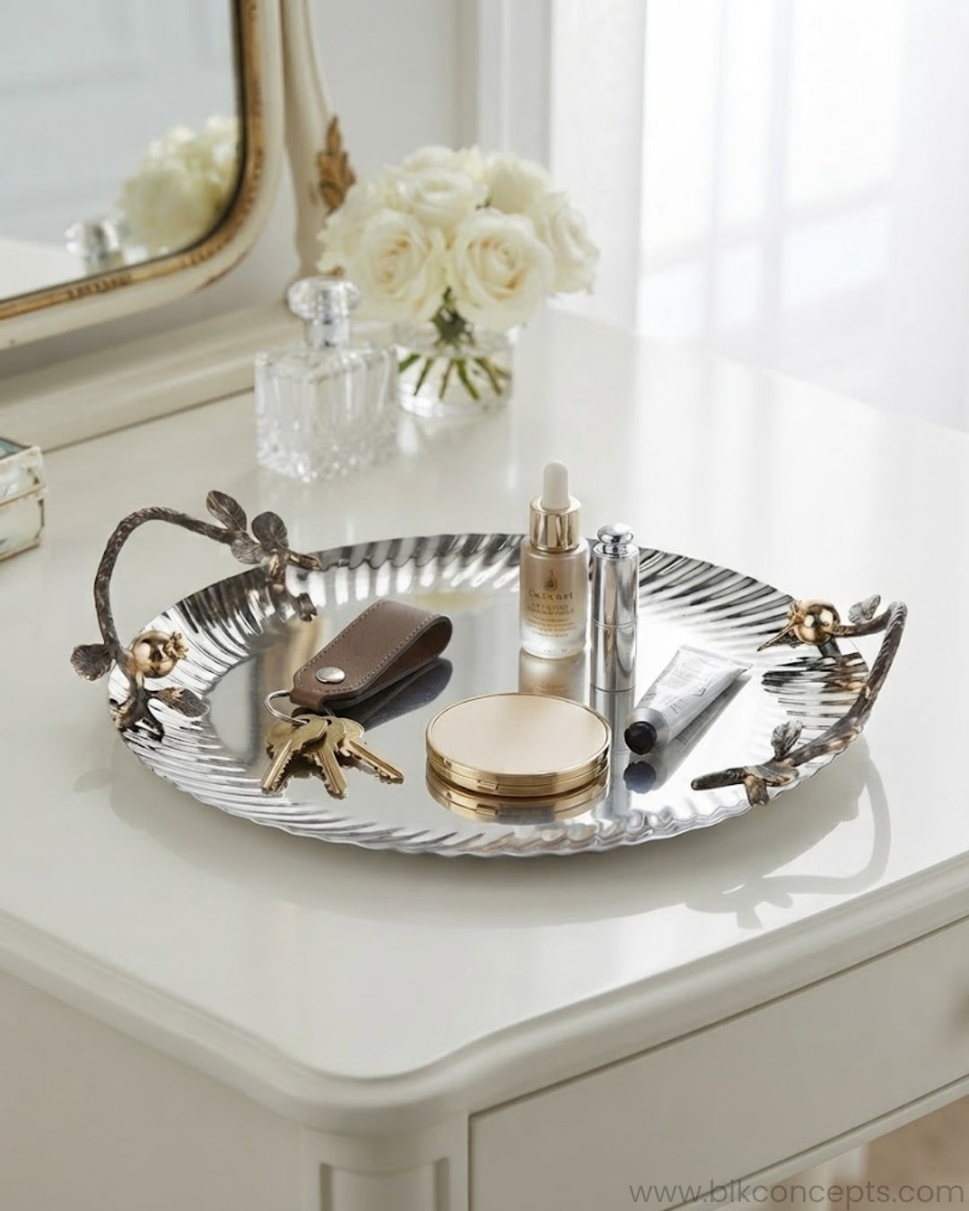 12 Inch Stainless Steel Serving Tray, Luxury Pomegranate Tray with Handles, High End Botanical Platter, Metal Serving Tray for Catering, Fluted Silver Cocktail Tray, A Plus Catering Food Presentation USA, Designer Vanity Display Tray, Antique Gold and Silver Serving Tray, Luxury Wedding Cateringware, Decorative Round Metal Platter