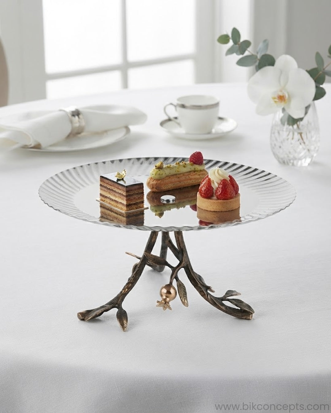 Single Tier Stainless Steel Platter, Luxury Pomegranate Cake Stand, High End Pedestal Dessert Server, Botanical Metal Riser for Catering, Fluted Silver Serving Platter, Premium Catering Food Risers USA, 12 Inch Tiered Hors D'oeuvres Display, Luxury Charcuterie Pedestal, Designer Tabletop Servingware, Antique Gold and Silver Cake Riser