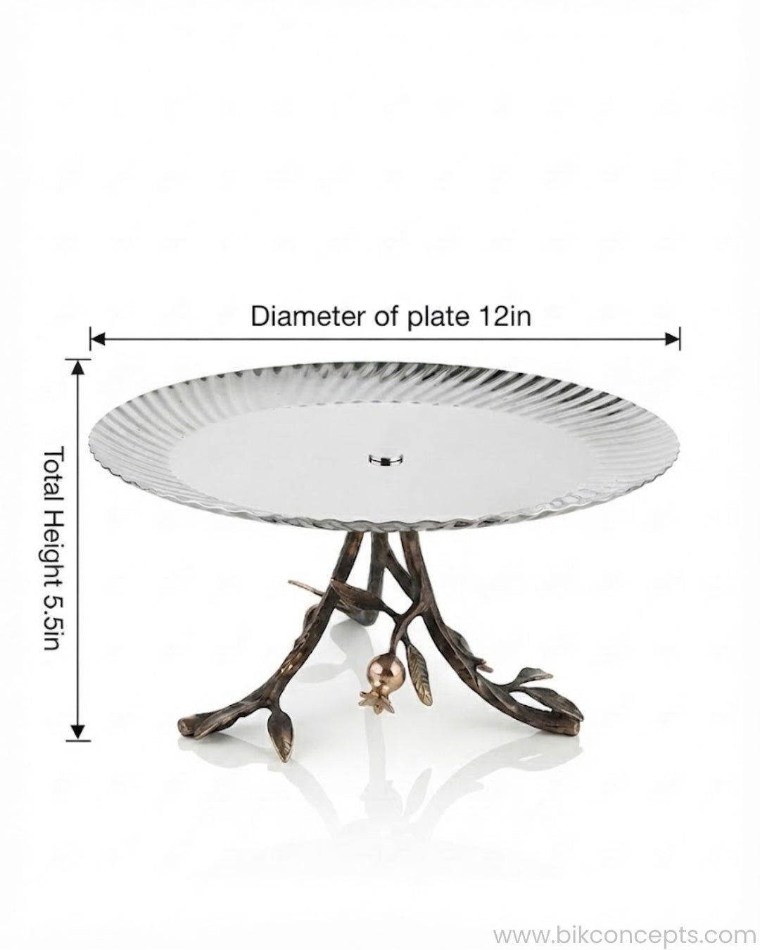 Single Tier Stainless Steel Platter, Luxury Pomegranate Cake Stand, High End Pedestal Dessert Server, Botanical Metal Riser for Catering, Fluted Silver Serving Platter, Premium Catering Food Risers USA, 12 Inch Tiered Hors D'oeuvres Display, Luxury Charcuterie Pedestal, Designer Tabletop Servingware, Antique Gold and Silver Cake Riser