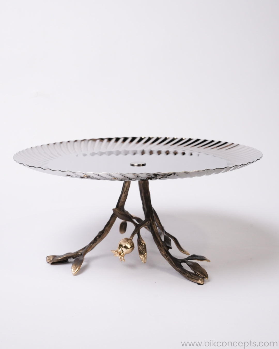 Single Tier Stainless Steel Platter, Luxury Pomegranate Cake Stand, High End Pedestal Dessert Server, Botanical Metal Riser for Catering, Fluted Silver Serving Platter, Premium Catering Food Risers USA, 12 Inch Tiered Hors D'oeuvres Display, Luxury Charcuterie Pedestal, Designer Tabletop Servingware, Antique Gold and Silver Cake Riser