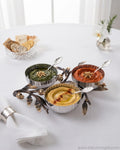 Pomegranate Stainless Steel Condiment Bowl, Luxury Triple Dip Server, High End 3 Bowl Condiment Dish, Botanical Metal Relish Tray for Catering, Fluted Silver Dip Bowls, A Plus Catering Food Presentation USA, Designer Charcuterie Accompaniment Set, Antique Gold and Silver Serving Set, Luxury Wedding Buffetware, Decorative Metal Dip Caddy