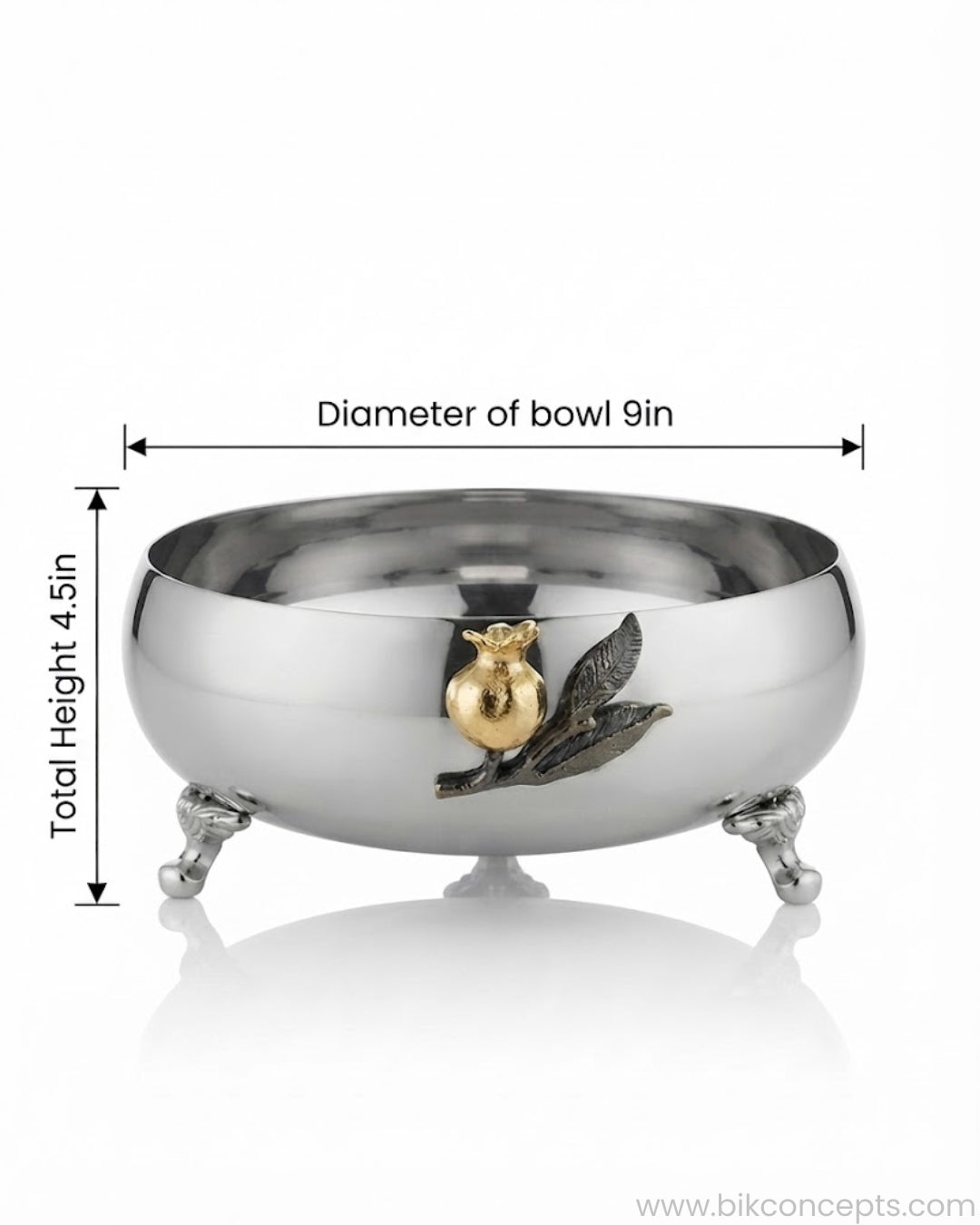 9 Inch Stainless Steel Footed Bowl, Luxury Pomegranate Centerpiece Bowl, High End Decor Bowl for Home, Botanical Metal Server for Catering, Silver Footed Serving Basin, Premium Catering Food Presentation USA, Designer Tabletop Centerpiece Vessel, Antique Gold and Silver Fruit Bowl, Luxury Wedding Tableware, Decorative Metal Bowl for Console