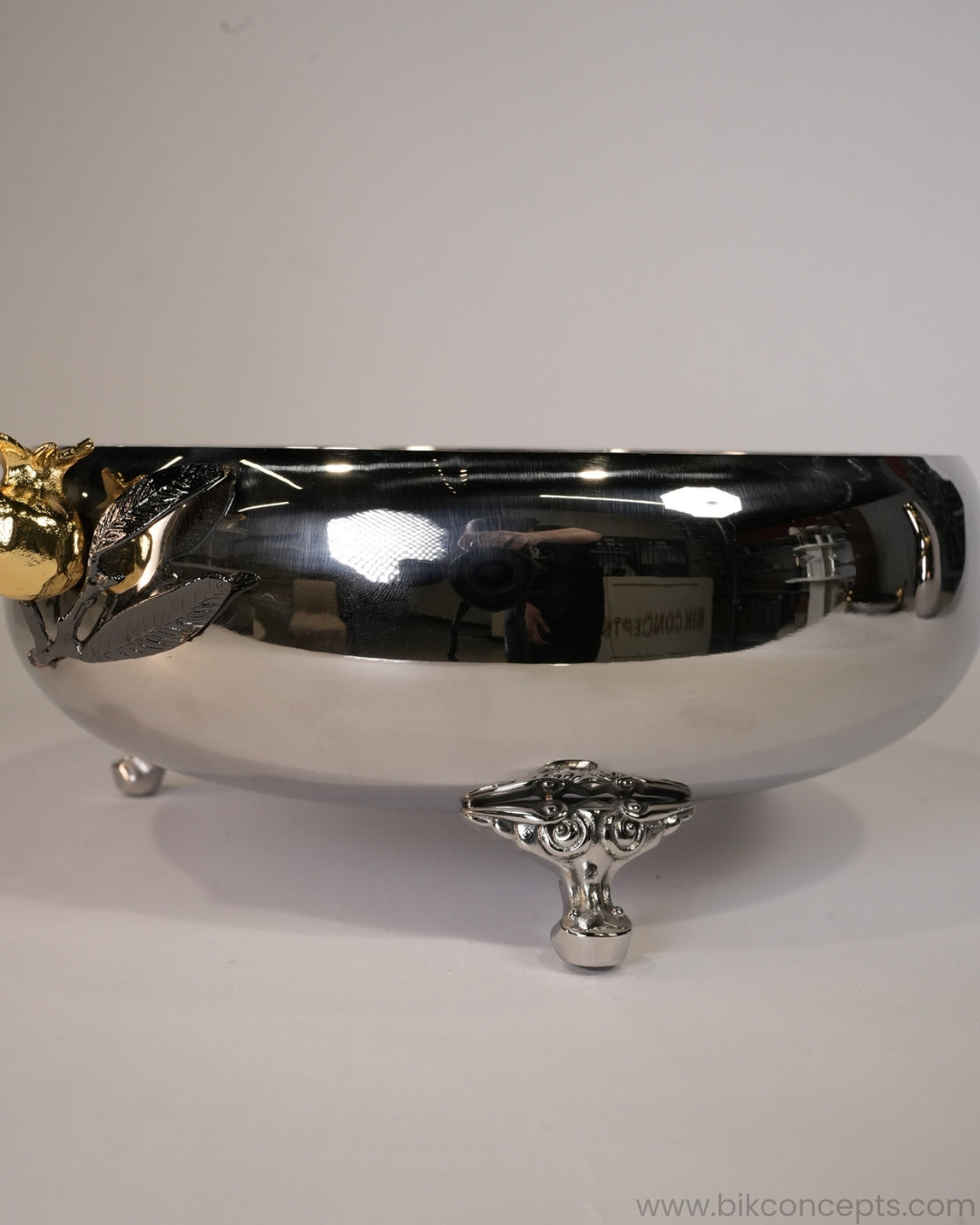 9 Inch Stainless Steel Footed Bowl, Luxury Pomegranate Centerpiece Bowl, High End Decor Bowl for Home, Botanical Metal Server for Catering, Silver Footed Serving Basin, Premium Catering Food Presentation USA, Designer Tabletop Centerpiece Vessel, Antique Gold and Silver Fruit Bowl, Luxury Wedding Tableware, Decorative Metal Bowl for Console