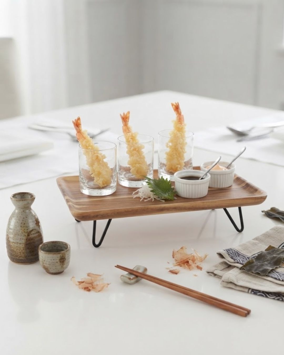 A wooden elevated serving tray with black metal legs holds three small clear glasses with golden tempura shrimp, two small white ramekins, and a green garnish, set on a white table with chopsticks, a ceramic bottle, and napkins nearby, Elevated Wood Serving Tray, Raised Wooden Platter with Metal Legs, Wood and Metal Serving Board, Nature Enthusiast Home Decor, Rectangular Wood Table Riser, Solid Hardwood Buffet Platter, Rustic Modern Raised Serving Tray, Black Metal Base Wood Tray, Charcuterie Platter Riser