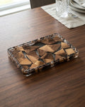 A rectangular resin tray with a geometric wood-patterned design, Wood and Epoxy Resin Serving Tray, Rectangular Resin Serving Platter, Geometric Wood Mosaic Tray, Nature Enthusiast Home Decor, Clear Epoxy Charcuterie Board, Natural Timber Accent Tray, Organic Wood Coffee Table Tray, Artisan Resin Drink Tray, Rectangular Wood Serving Board, Biophilic Home Accessories