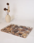 A rectangular resin tray with a geometric wood inlay pattern, Wood and Epoxy Resin Serving Tray, Rectangular Resin Serving Platter, Geometric Wood Mosaic Tray, Nature Enthusiast Home Decor, Clear Epoxy Charcuterie Board, Natural Timber Accent Tray, Organic Wood Coffee Table Tray, Artisan Resin Drink Tray, Rectangular Wood Serving Board, Biophilic Home Accessories