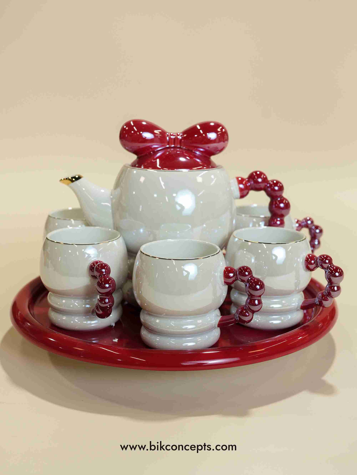 Modern Red Tea Set Red Ruby Bow Porcelain Tea Set - Pearl Handle 8-Piece Luxury Collection