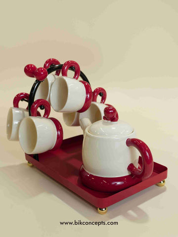 Red and white tea set, porcelain tea service for 6, red teapot with tray, 8 piece porcelain tea set, 1.5L tea kettle, festive red dinnerware, luxury tea gift set, modern ceramic tea set.