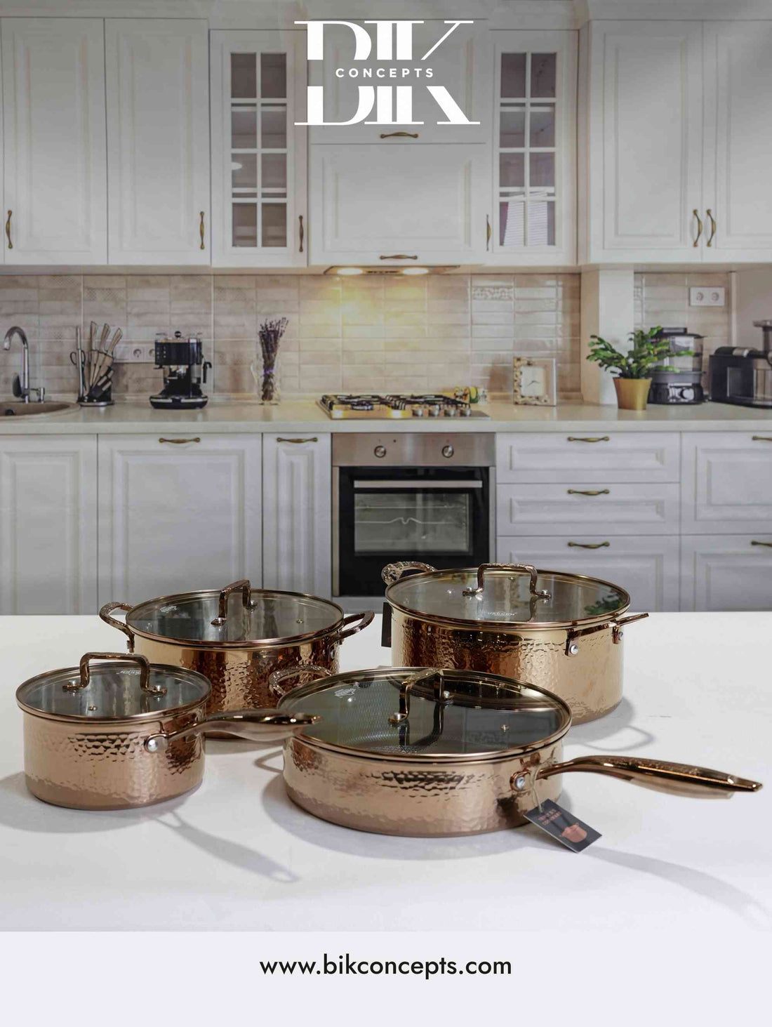 Rose gold cookware set, hammered stainless steel pots, 8 piece kitchen set, luxury pink gold pans, 7L casserole pot, deep fry pan with lid, designer cookware.