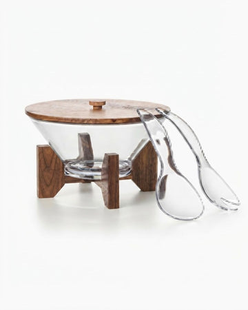 Round Acrylic Elevated Serving Bowl, Clear Salad Bowl with Wood Lid, Elevated Acrylic Bowl on Wooden Stand, Modern Covered Fruit Bowl, Serving Bowl Set with Acrylic Utensils, Mid Century Wooden Base Salad Bowl, Clear Acrylic Buffet Basin, Organic Modern Kitchen Accessories, Shatterproof Covered Acrylic Bowl, Retail Home Entertaining Serving Set