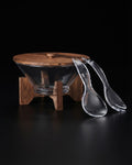 Round Acrylic Elevated Serving Bowl, Clear Salad Bowl with Wood Lid, Elevated Acrylic Bowl on Wooden Stand, Modern Covered Fruit Bowl, Serving Bowl Set with Acrylic Utensils, Mid Century Wooden Base Salad Bowl, Clear Acrylic Buffet Basin, Organic Modern Kitchen Accessories, Shatterproof Covered Acrylic Bowl, Retail Home Entertaining Serving Set