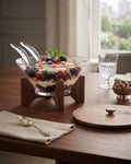 Round Acrylic Elevated Serving Bowl, Clear Salad Bowl with Wood Lid, Elevated Acrylic Bowl on Wooden Stand, Modern Covered Fruit Bowl, Serving Bowl Set with Acrylic Utensils, Mid Century Wooden Base Salad Bowl, Clear Acrylic Buffet Basin, Organic Modern Kitchen Accessories, Shatterproof Covered Acrylic Bowl, Retail Home Entertaining Serving Set