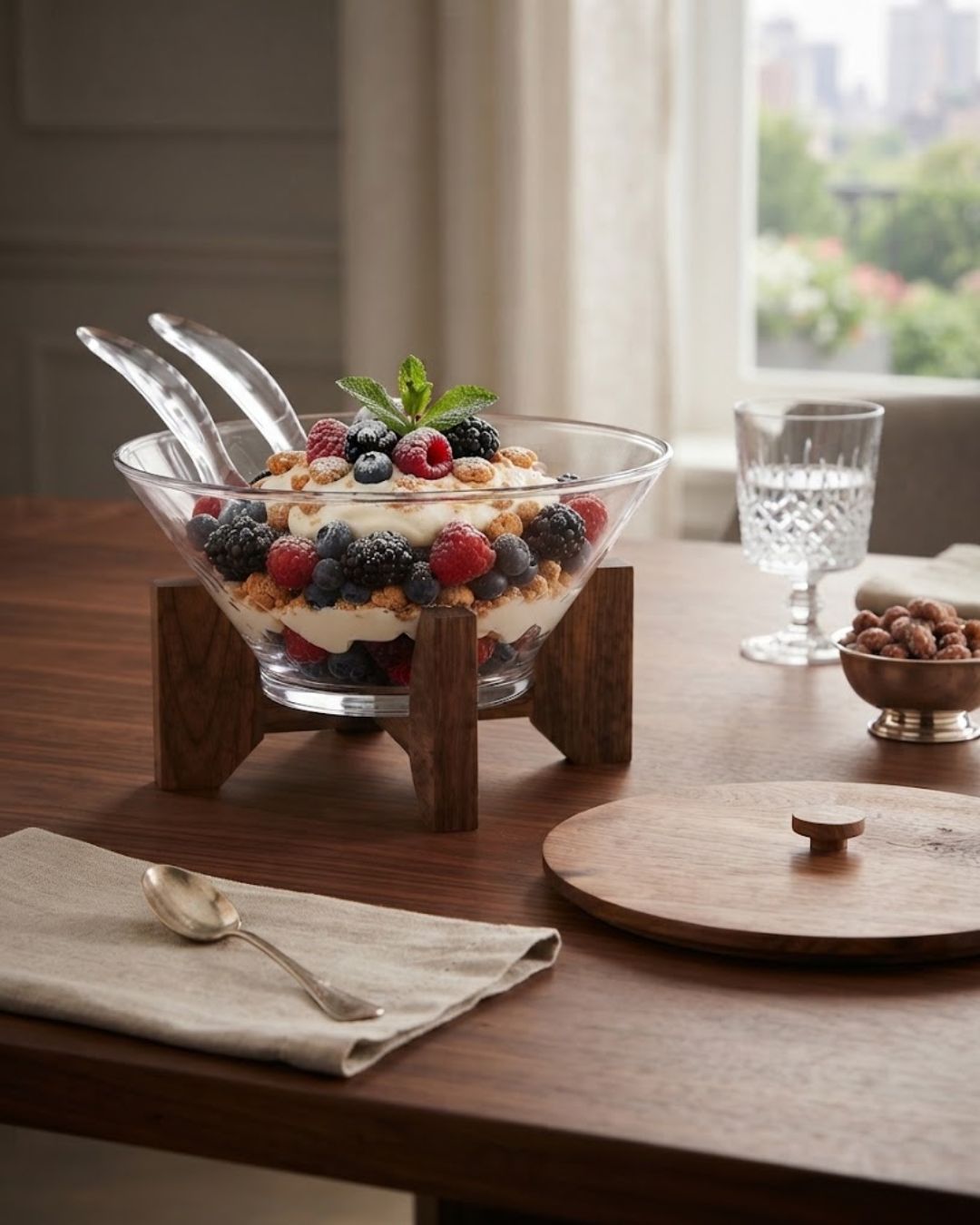 Round Acrylic Elevated Serving Bowl, Clear Salad Bowl with Wood Lid, Elevated Acrylic Bowl on Wooden Stand, Modern Covered Fruit Bowl, Serving Bowl Set with Acrylic Utensils, Mid Century Wooden Base Salad Bowl, Clear Acrylic Buffet Basin, Organic Modern Kitchen Accessories, Shatterproof Covered Acrylic Bowl, Retail Home Entertaining Serving Set