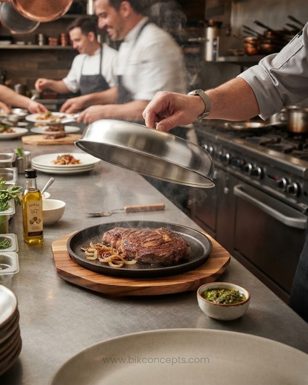 Round Cast Iron Sizzling Platter 10 Inch, Cast Iron Steak Plate with Stainless Steel Lid, Covered Sizzler Pan with Wooden Base, Commercial Restaurant Sizzling Steak Plate, Hotel Catering Covered Fajita Platter, Heavy Duty Round Cast Iron Fajita Plate, Stainless Steel Dome Cover Sizzler Set, Restaurant Quality Hot Cast Iron Serving Dish