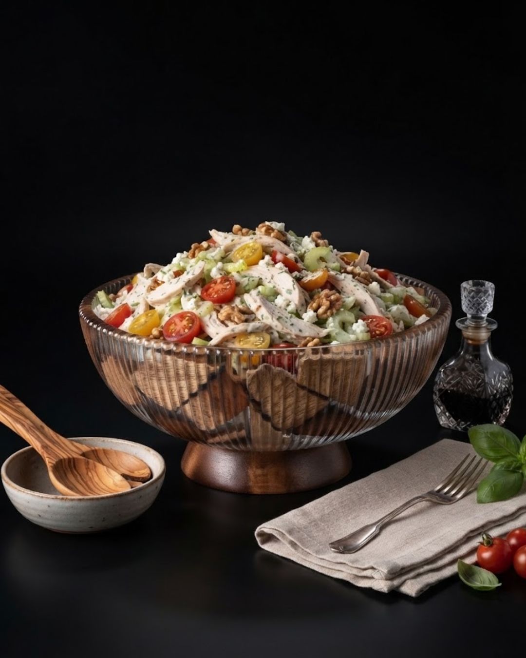 A large ribbed glass salad bowl filled with a mixed salad, set on a dark studio background with a small side dish, wooden spoon, napkin with fork, and a glass oil bottle, Wood and Epoxy Resin Serving Bowl, Round Wooden Mosaic Serving Bowl, Fluted Resin Fruit Bowl, Nature Enthusiast Home Decor, Footed Resin Timber Bowl, Geometric Wood Mosaic Pedestal Bowl, Organic Modern Kitchen Basin, Handcrafted Wooden Centerpiece Bowl, Artisanal Ribbed Glass Look Bowl, Biophilic Home Accessories