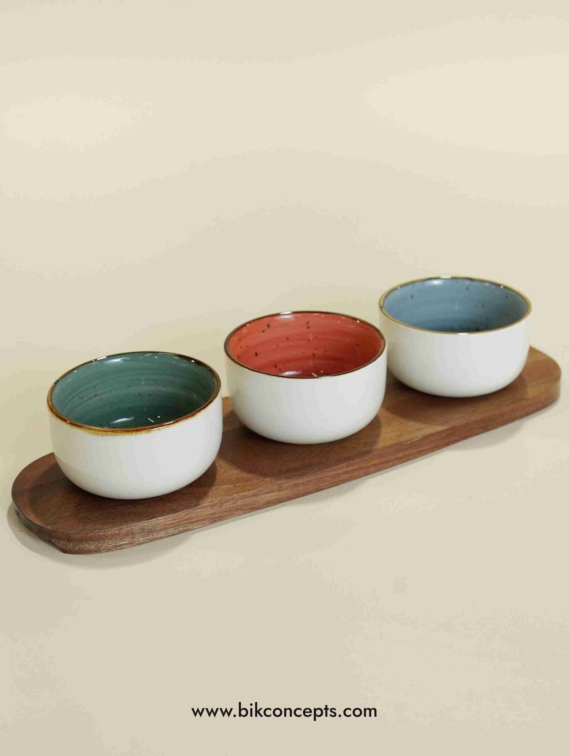 Round dipping bowls, ceramic condiment set, 3 piece appetizer server, wood tray serving set, white ceramic snack bowls, dipping sauce set, host gifts.