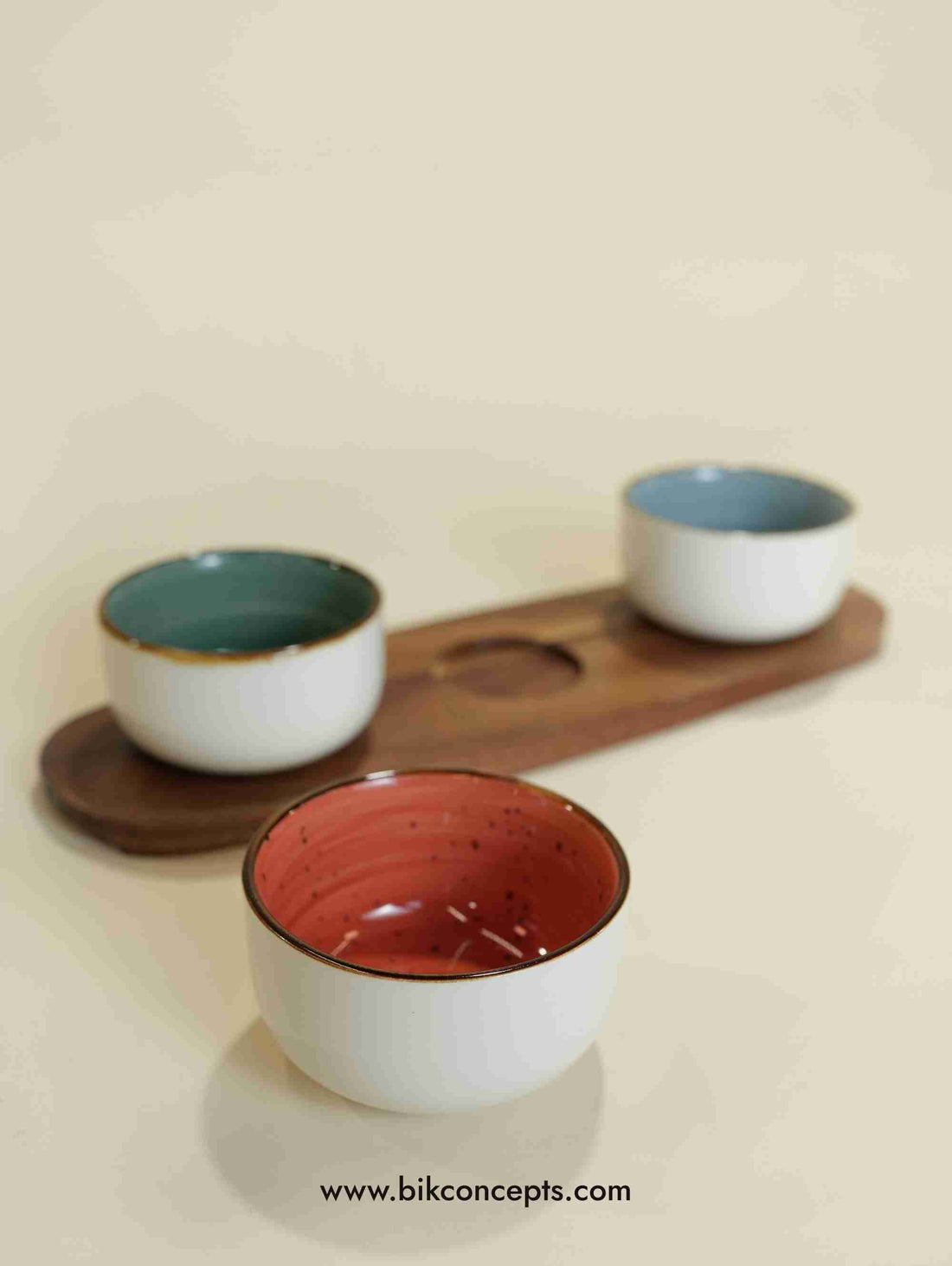 Round dipping bowls, ceramic condiment set, 3 piece appetizer server, wood tray serving set, white ceramic snack bowls, dipping sauce set, host gifts.