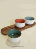 Round dipping bowls, ceramic condiment set, 3 piece appetizer server, wood tray serving set, white ceramic snack bowls, dipping sauce set, host gifts.