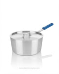 Commercial Aluminum Tapered Sauce Pan with Lid, Heavy Duty Saucepan with Blue Silicone Grip, Restaurant Quality Aluminum Sauce Pot 7 Qt, Hotel Kitchen Cookware 5.5 Qt Saucepan, Catering Service Tapered Sauce Pan 3.75 Qt, Induction Base Aluminum Saucepan, Ergonomic Handle Commercial Sauce Pot, Heavy Gauge Aluminum Saucepan Set