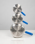 Commercial Aluminum Tapered Sauce Pan with Lid, Heavy Duty Saucepan with Blue Silicone Grip, Restaurant Quality Aluminum Sauce Pot 7 Qt, Hotel Kitchen Cookware 5.5 Qt Saucepan, Catering Service Tapered Sauce Pan 3.75 Qt, Induction Base Aluminum Saucepan, Ergonomic Handle Commercial Sauce Pot, Heavy Gauge Aluminum Saucepan Set