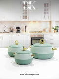 Green insulated casserole, sage kitchenware, mint food warmer set, hot pot for roti, luxury green dinnerware, thermal stainless steel server.