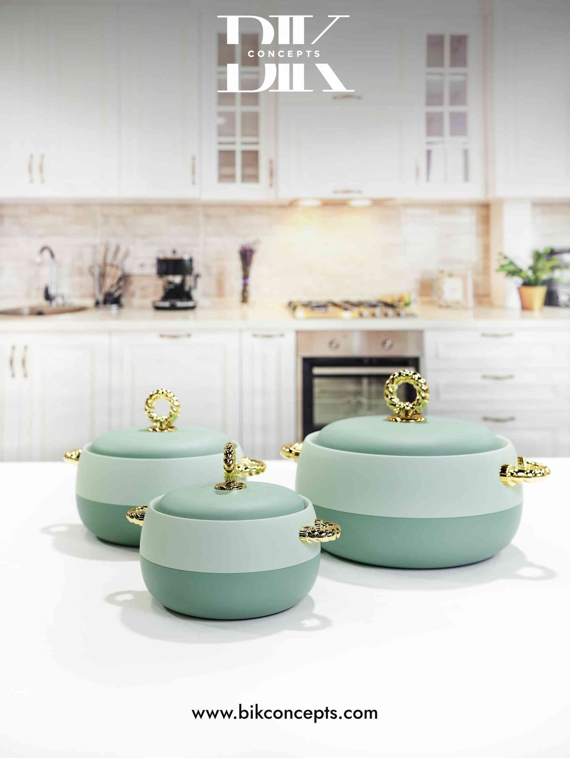 Green insulated casserole, sage kitchenware, mint food warmer set, hot pot for roti, luxury green dinnerware, thermal stainless steel server.