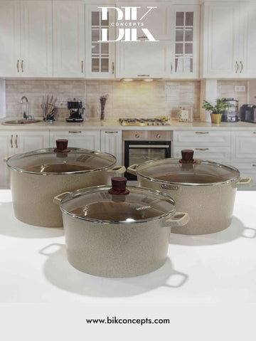 Sandstone casserole set, speckle finish cookware, large aluminum pots, 27L cooking pot, heavy duty casserole set, stone texture cookware, 6 piece stock pot set, catering size cookware.
