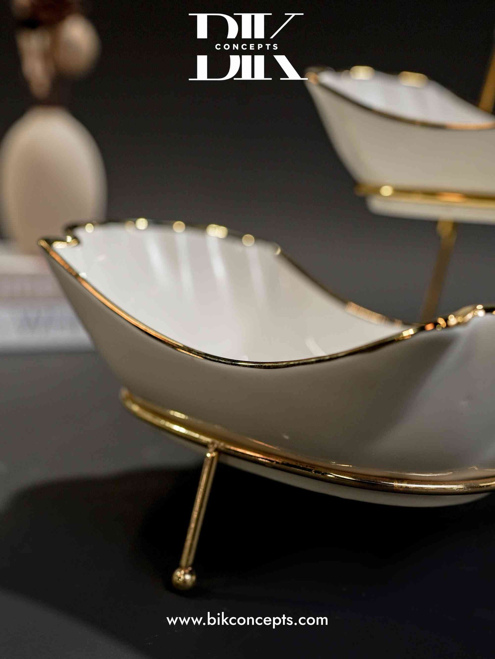 luxury snack server, white and silver tiered tray, deep dish serving tower