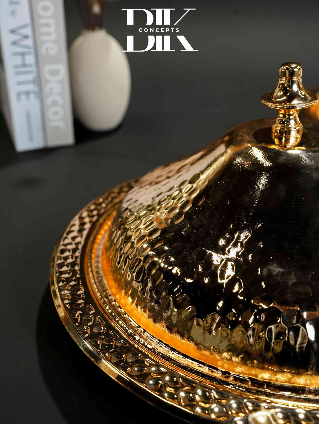 Imperial Hammered Gold Tone Serving Dish with Dome Lid | Luxury Round Covered Tray