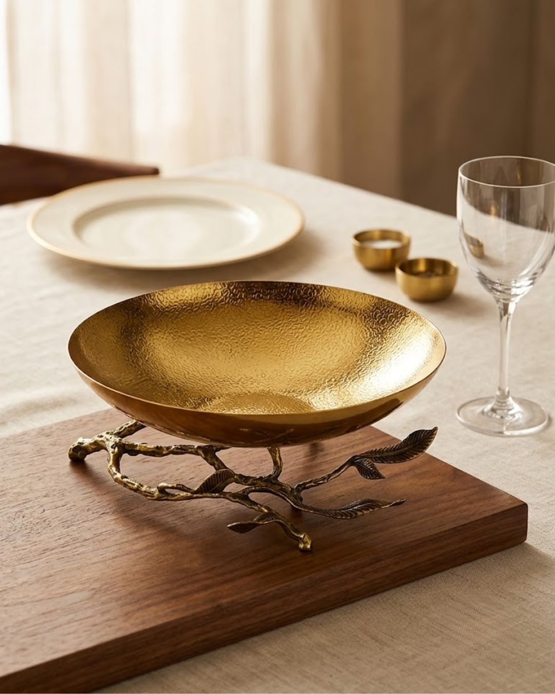 premium gold textured serving bowl, opulent gold fruit bowl centerpiece, antiqued gold branch leaf stand bowl, luxury 11 inch metal serving dish, pressed texture gold decorative bowl, bik concepts premium serving bowl, elegant nature inspired table centerpiece, high end luxury metal serveware, deep warm gold finish dining bowl, unique organic branch pedestal bowl, luxury host housewarming gift dish, tarnish resistant metal fruit platter, artistic textured gold display bowl