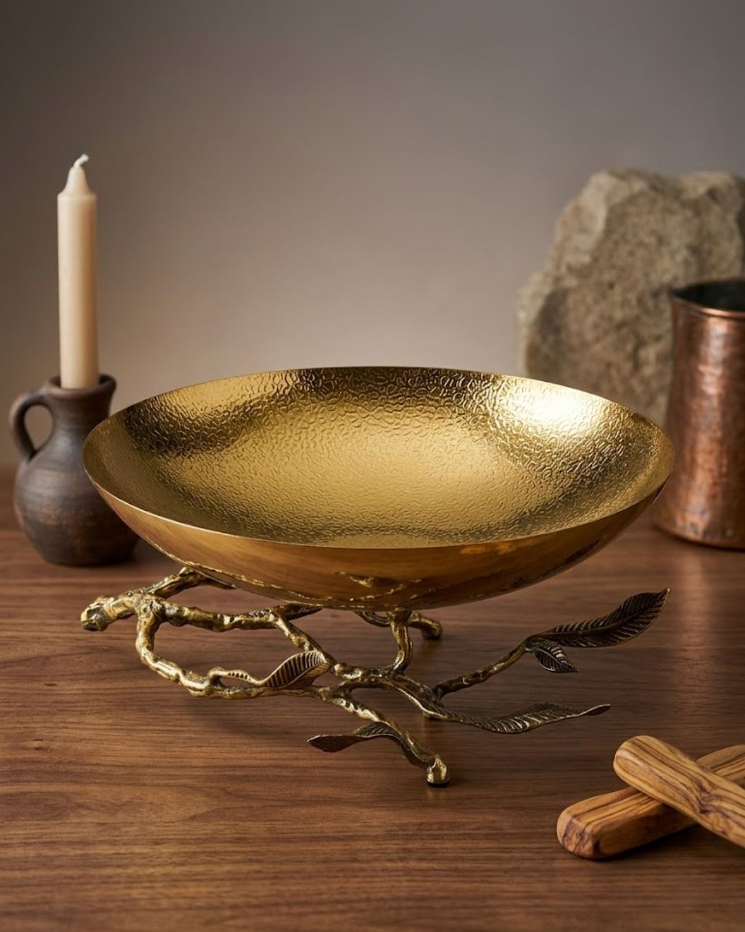 premium gold textured serving bowl, opulent gold fruit bowl centerpiece, antiqued gold branch leaf stand bowl, luxury 11 inch metal serving dish, pressed texture gold decorative bowl, bik concepts premium serving bowl, elegant nature inspired table centerpiece, high end luxury metal serveware, deep warm gold finish dining bowl, unique organic branch pedestal bowl, luxury host housewarming gift dish, tarnish resistant metal fruit platter, artistic textured gold display bowl