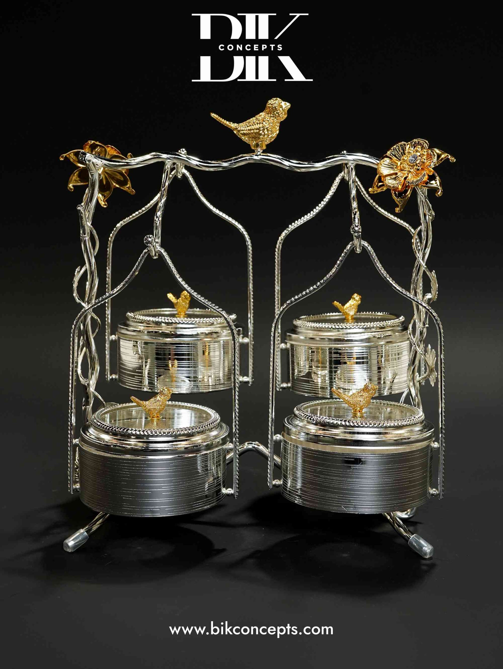 Silver bird canister, quad swing snack server, luxury 4 tier dry fruit stand, hanging candy dish, silver and gold nut server, decorative bird centerpiece, 4 jar serving set, elegant wedding tableware