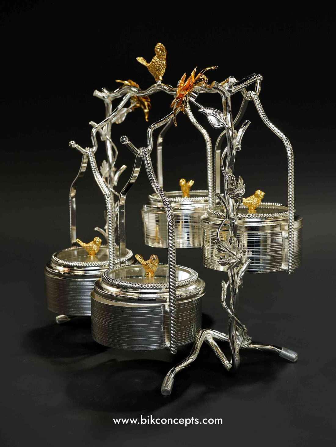 Silver bird canister, quad swing snack server, luxury 4 tier dry fruit stand, hanging candy dish, silver and gold nut server, decorative bird centerpiece, 4 jar serving set, elegant wedding tableware
