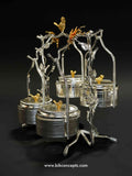 Silver bird canister, quad swing snack server, luxury 4 tier dry fruit stand, hanging candy dish, silver and gold nut server