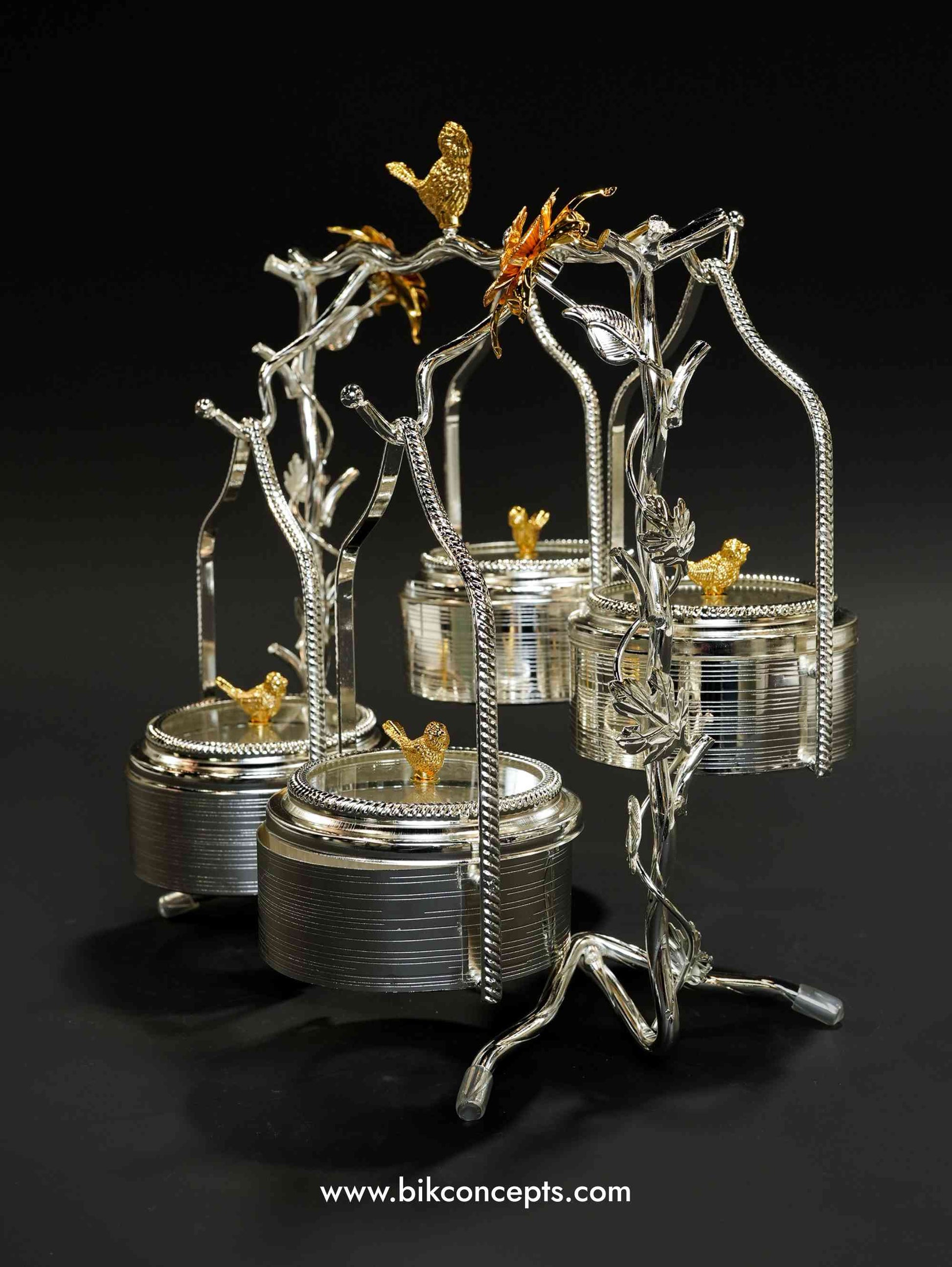 Silver bird canister, quad swing snack server, luxury 4 tier dry fruit stand, hanging candy dish, silver and gold nut server