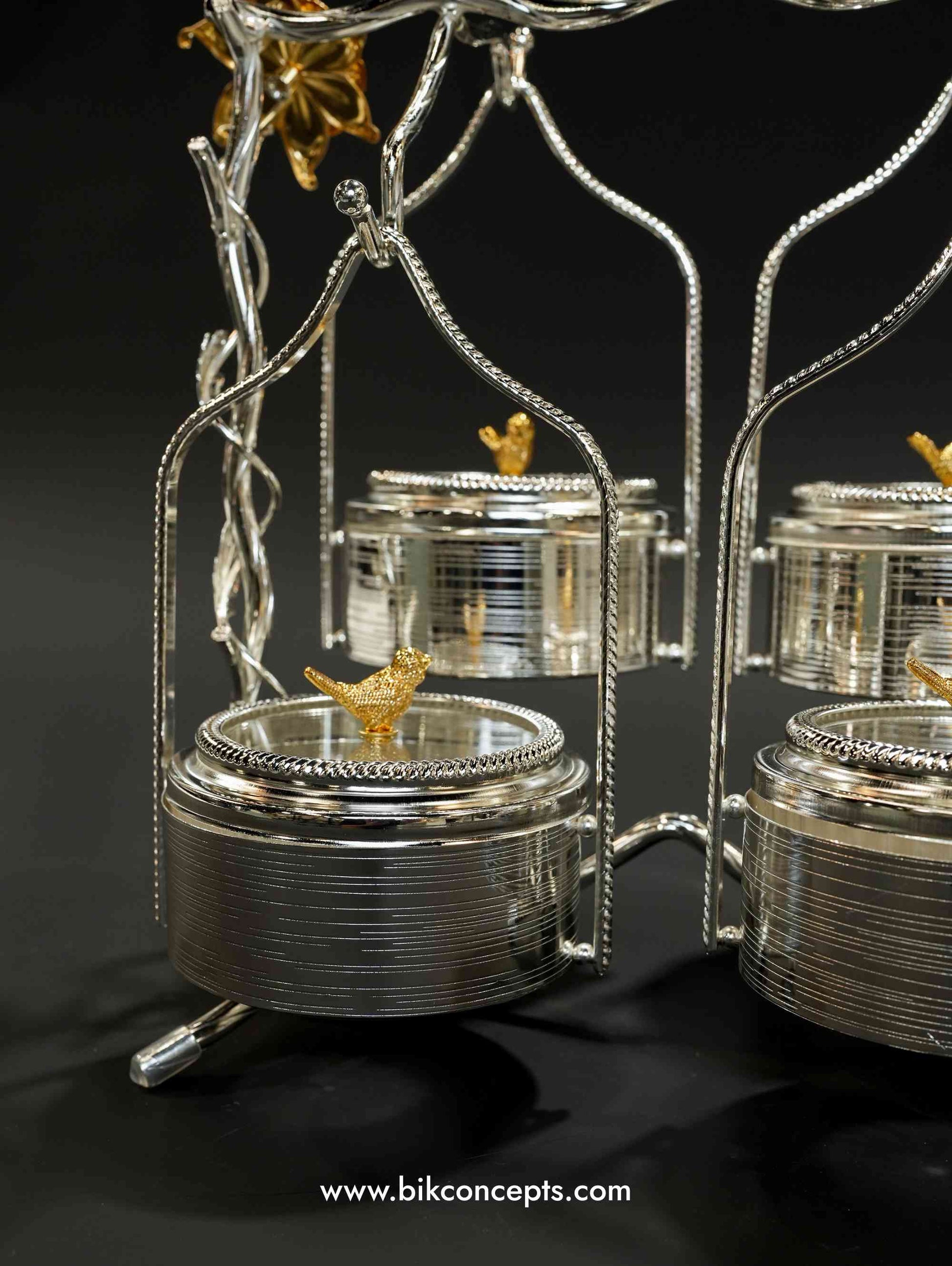Silver bird canister, quad swing snack server