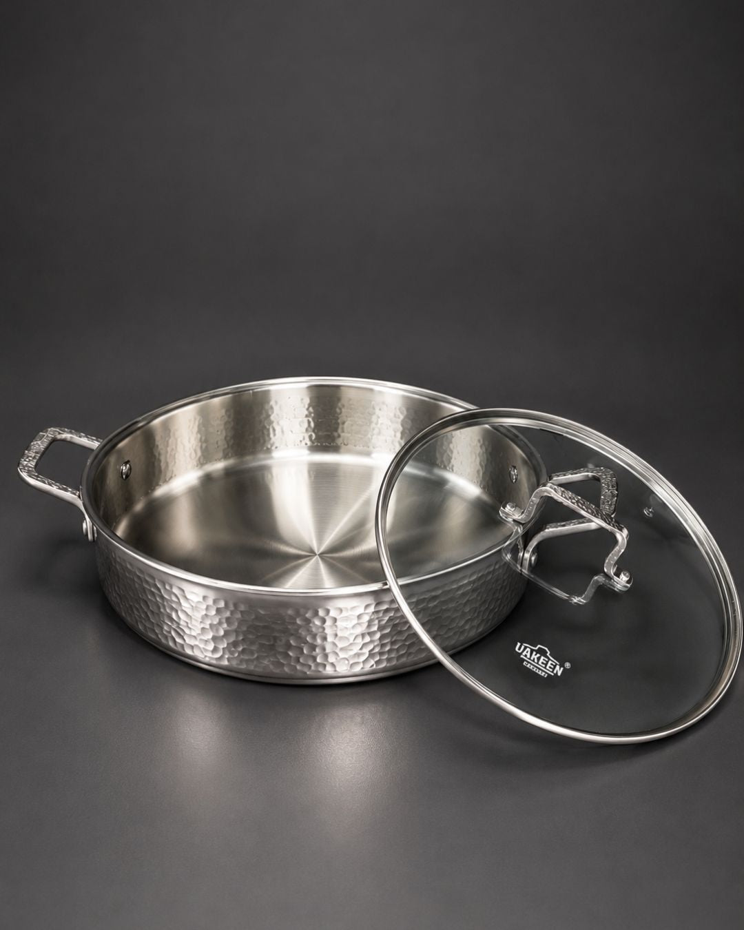 A hammered stainless steel pot with side handles and a matching glass lid, Hammered Stainless Steel Shallow Casserole, Silver Braiser Pan with Glass Lid, Luxury Stainless Steel Chef Pan, Designer 5 Quart Shallow Casserole, High End Gourmet Buffet Serving Pan USA, Decorative Hammered Stainless Steel Cookware, Large Diameter Braising Pot, Professional Grade Stainless Skillet Pan, Estate Kitchenware Serveware, 3.5 Quart Shallow Casserole Dish