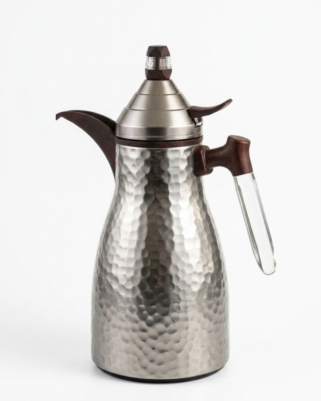 A stainless steel coffee pot with a hammered texture, dark brown wooden accents on the spout and handle, and a clear glass loop on the handle, shown on a white background.
Silver Hammered Steel Coffee Thermos, 1 Liter Thermal Coffee Carafe, Silver and Wood Vacuum Flask, Luxury Catering Coffee Dispenser, Decorative Silver Tea Carafe, Dallah Style Coffee Server, Insulated Beverage Carafe for Weddings, Thermal Flask for Catering Events, High End Hot Water Thermos USA, Brushed Stainless Vacuum Insulated Pitcher