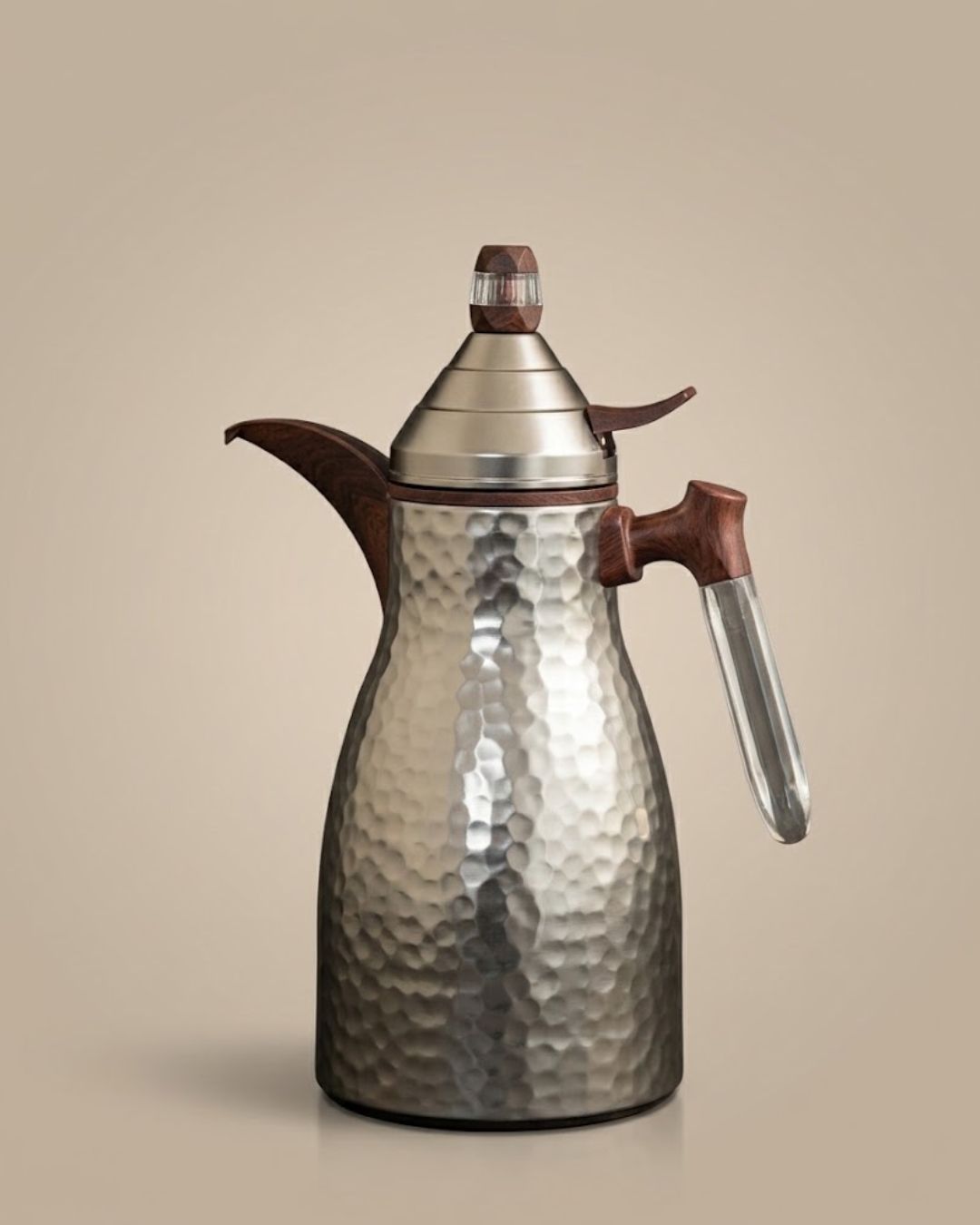 Silver Hammered Steel Coffee Thermos, 1 Liter Thermal Coffee Carafe, Silver and Wood Vacuum Flask, Luxury Catering Coffee Dispenser, Decorative Silver Tea Carafe, Dallah Style Coffee Server, Insulated Beverage Carafe for Weddings, Thermal Flask for Catering Events, High End Hot Water Thermos USA, Brushed Stainless Vacuum Insulated Pitcher