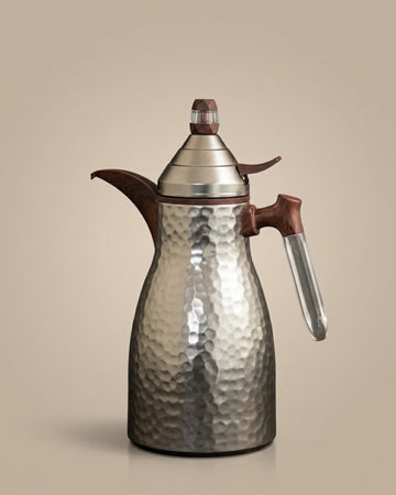 Silver Hammered Steel Coffee Thermos, 1 Liter Thermal Coffee Carafe, Silver and Wood Vacuum Flask, Luxury Catering Coffee Dispenser, Decorative Silver Tea Carafe, Dallah Style Coffee Server, Insulated Beverage Carafe for Weddings, Thermal Flask for Catering Events, High End Hot Water Thermos USA, Brushed Stainless Vacuum Insulated Pitcher