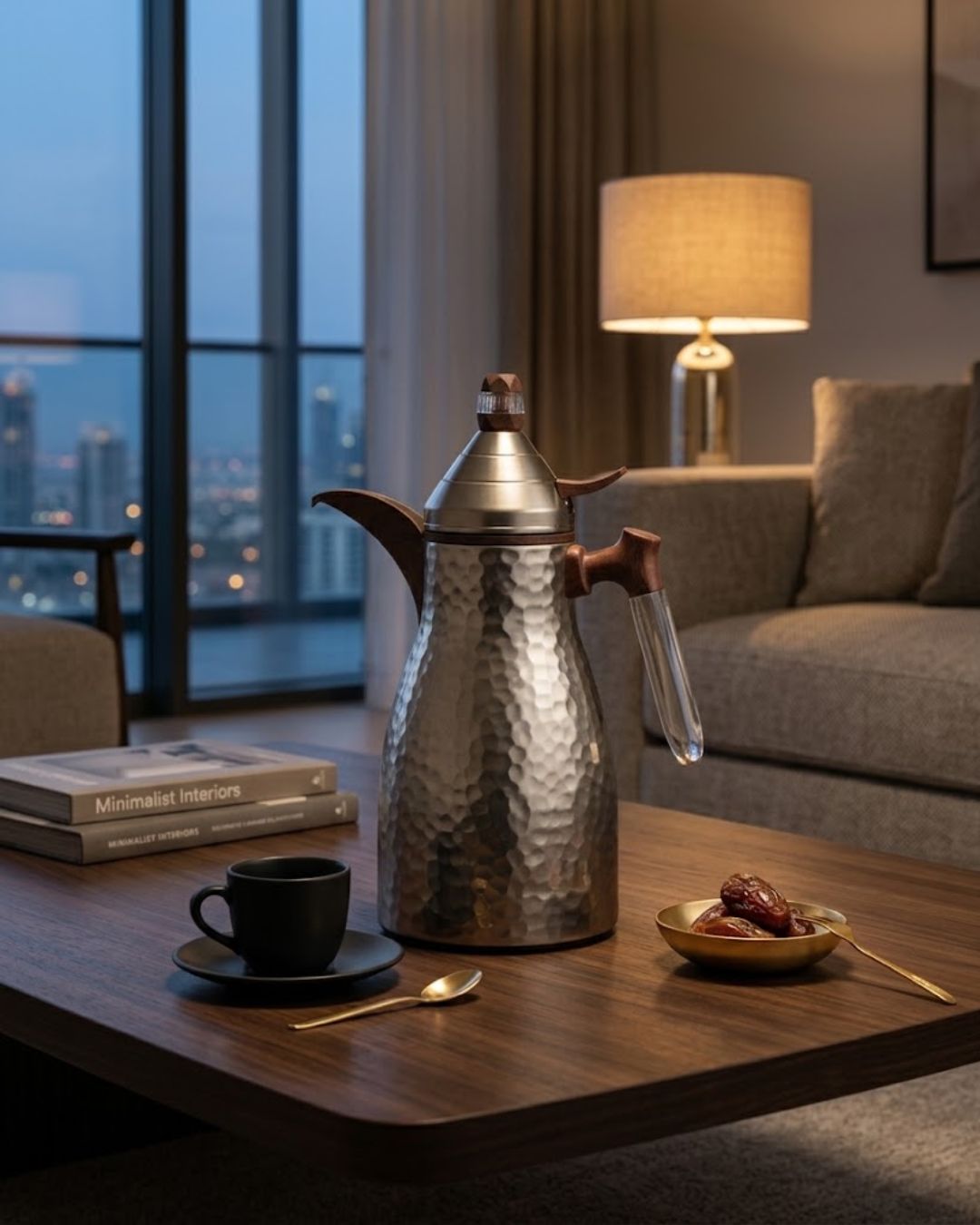 Silver Hammered Steel Coffee Thermos, 1 Liter Thermal Coffee Carafe, Silver and Wood Vacuum Flask, Luxury Catering Coffee Dispenser, Decorative Silver Tea Carafe, Dallah Style Coffee Server, Insulated Beverage Carafe for Weddings, Thermal Flask for Catering Events, High End Hot Water Thermos USA, Brushed Stainless Vacuum Insulated Pitcher