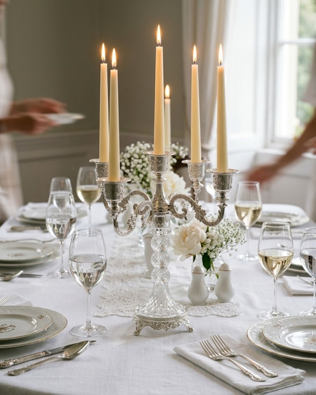 An ornate silver candelabra with five candle cups, featuring a faceted crystal-like stem and decorative scrollwork, set against a solid black background.
Silver 5 Candle Stand, 5 Arm Candelabra Centerpiece, Glass and Metal Candle Holder, Wedding Table Candelabra Wholesale, VIP Dinner Party Candle Stand, High End Catering Table Centerpiece, Taper Candle Candelabra Silver, Vintage Silver Table Candle Holder, 11 Inch Candelabra Centerpiece, Luxury Event Decor Candle Stand