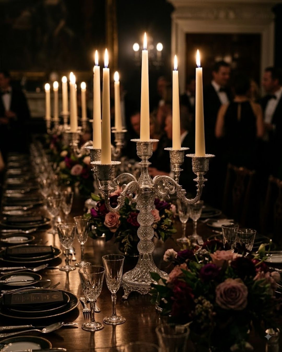 A long dining table set for guests in a dimly lit event hall, decorated with silver candelabras holding tall cream taper candles, floral centerpieces, and clear glassware.
Silver 5 Candle Stand, 5 Arm Candelabra Centerpiece, Glass and Metal Candle Holder, Wedding Table Candelabra Wholesale, VIP Dinner Party Candle Stand, High End Catering Table Centerpiece, Taper Candle Candelabra Silver, Vintage Silver Table Candle Holder, 11 Inch Candelabra Centerpiece, Luxury Event Decor Candle Stand