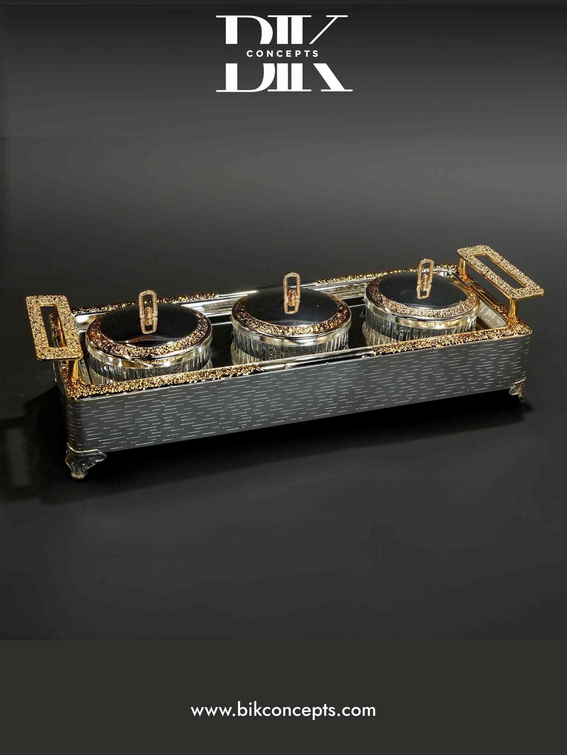 Silver and gold serving tray, triple snack server, luxury dry fruit tray, 3 section nut bowl, decorative silver candy dish, two-tone serving set, elegant wedding snack server, designer hospitality tray