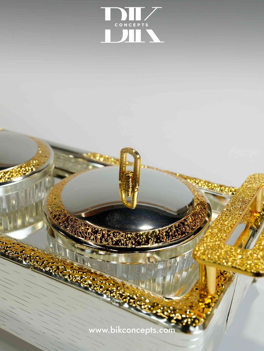 Silver and gold serving tray, triple snack server, two-tone serving set, elegant wedding snack server, designer hospitality tray