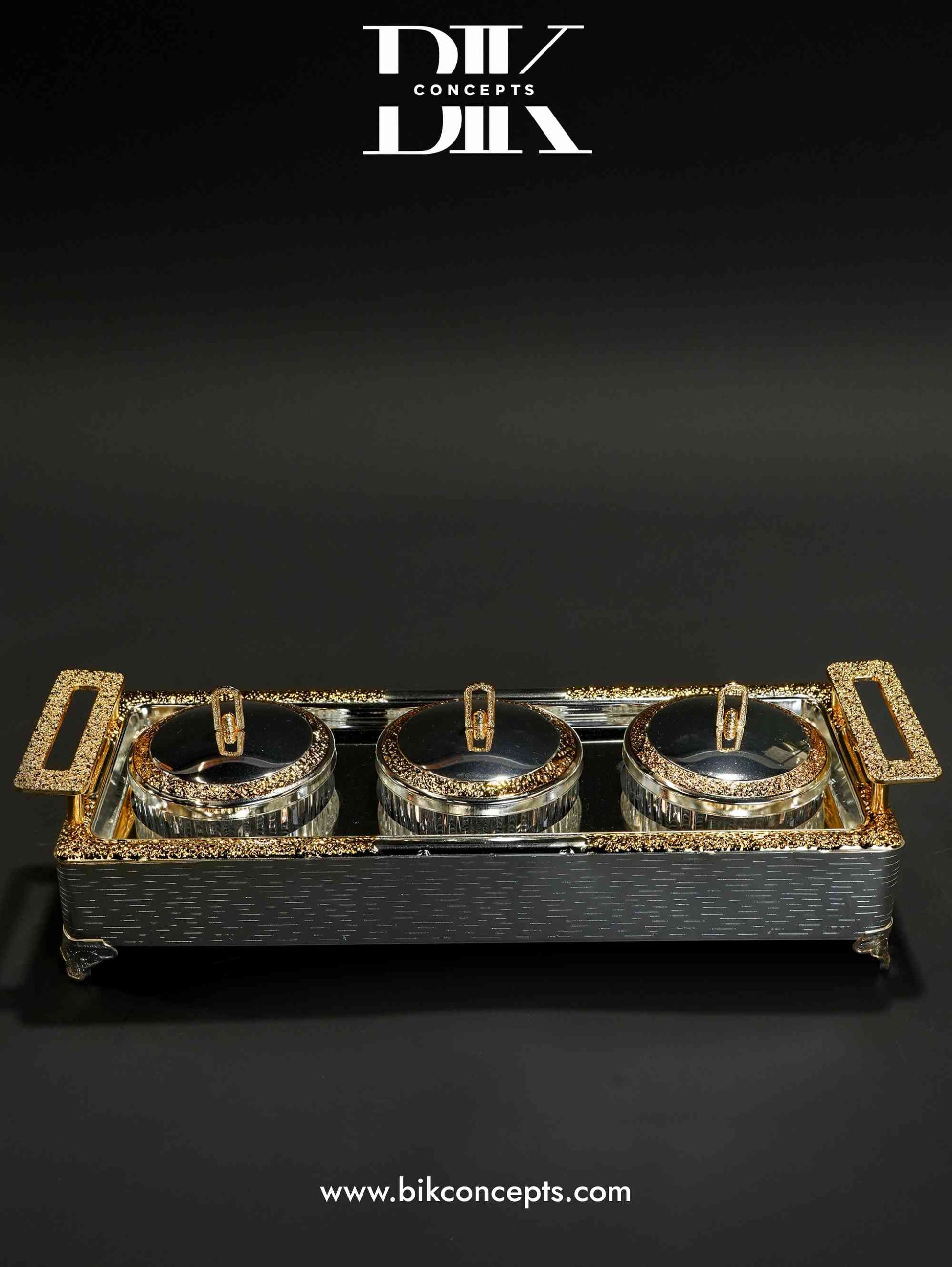 Silver and gold serving tray, triple snack server, two-tone serving set, elegant wedding snack server, designer hospitality tray