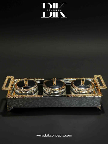 Silver and gold serving tray, triple snack server, two-tone serving set, elegant wedding snack server, designer hospitality tray