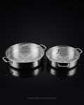 Hammered Stainless Steel Shallow Casserole, Silver Braiser Pan with Glass Lid, Luxury Stainless Steel Chef Pan, Designer 5 Quart Shallow Casserole, High End Gourmet Buffet Serving Pan USA, Decorative Hammered Stainless Steel Cookware, Large Diameter Braising Pot, Professional Grade Stainless Skillet Pan, Estate Kitchenware Serveware, 3.5 Quart Shallow Casserole Dish