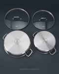 Hammered Stainless Steel Shallow Casserole, Silver Braiser Pan with Glass Lid, Luxury Stainless Steel Chef Pan, Designer 5 Quart Shallow Casserole, High End Gourmet Buffet Serving Pan USA, Decorative Hammered Stainless Steel Cookware, Large Diameter Braising Pot, Professional Grade Stainless Skillet Pan, Estate Kitchenware Serveware, 3.5 Quart Shallow Casserole Dish